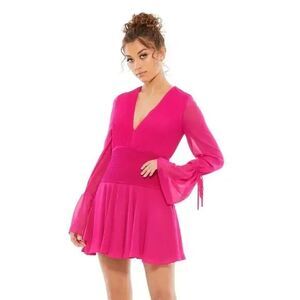 Mac Duggal Ieena 26411 Pink Pleated Mini Dress Size 0 Bell Sleeves Chiffon NWT